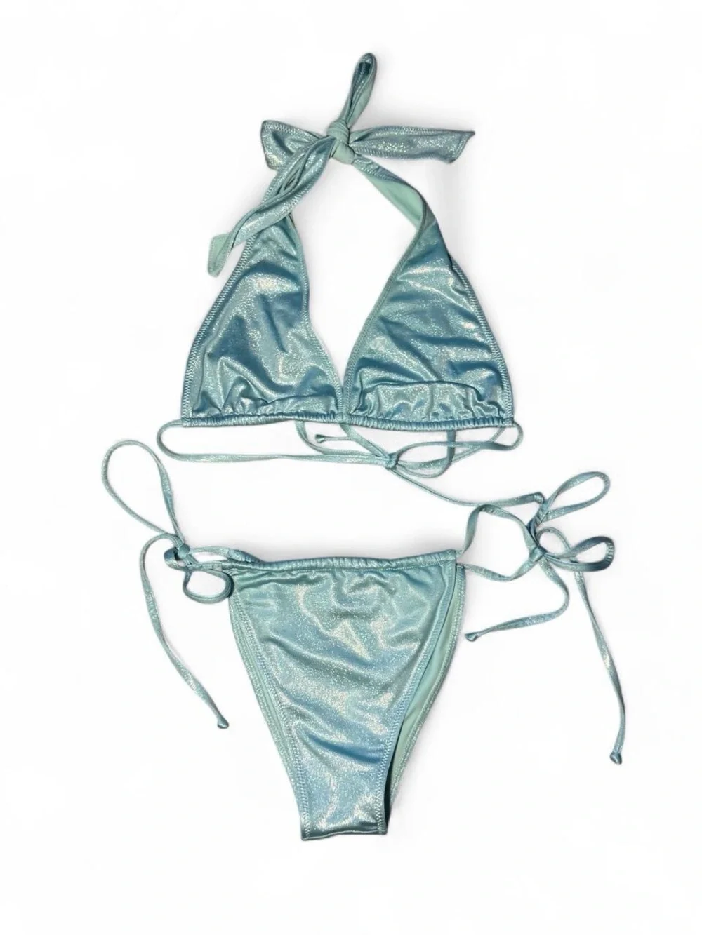 Strawberry milk mob Blue metallic sparkle bubbles halter bikini set size M 🪐